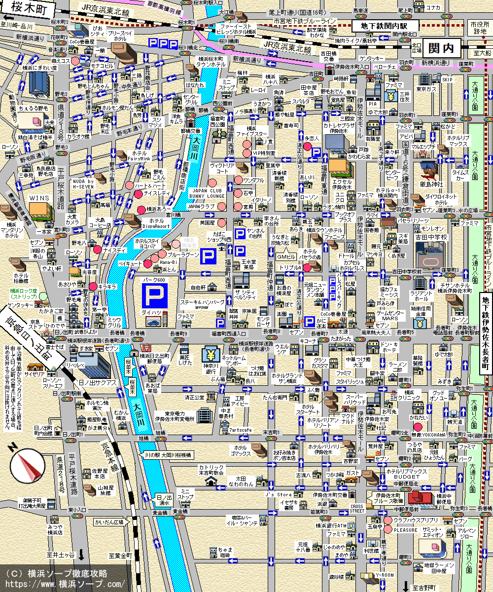 横浜福富町、桜木町、日ノ出町、関内、曙町周辺ソープランドMAP